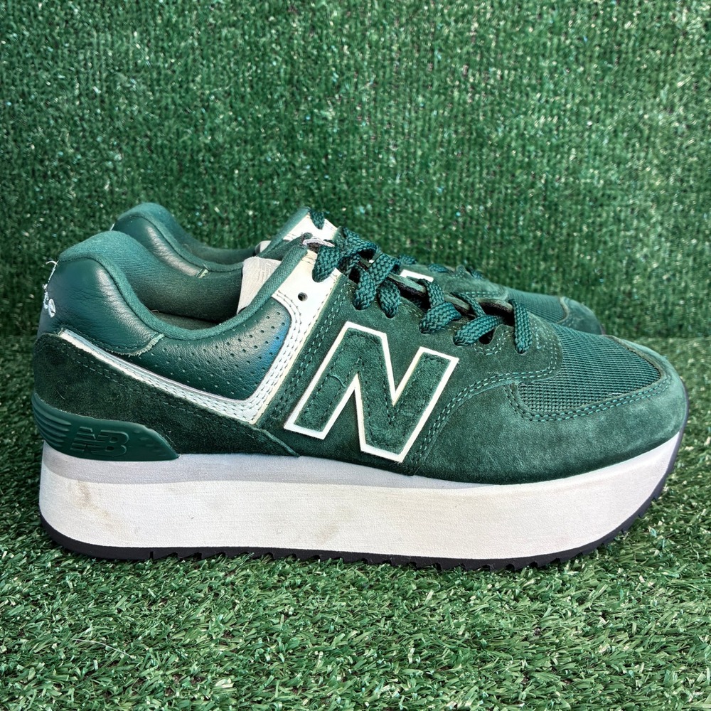 New Balance 574+ Platform Suede Mesh Chunky Sneakers Green White Womens Size 9